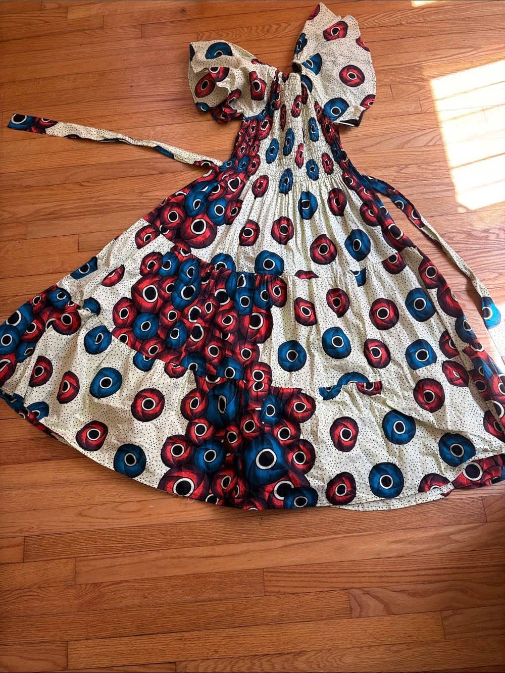 Smocked Maxi Dress in Cream with Red & Blue Circle Motif